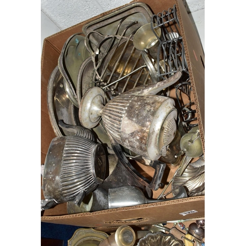 170 - TWO BOXES OF ASSORTED WHITE METAL WARE AND A BOX OF CUTLERY, to include various dishes, entree dishe... 