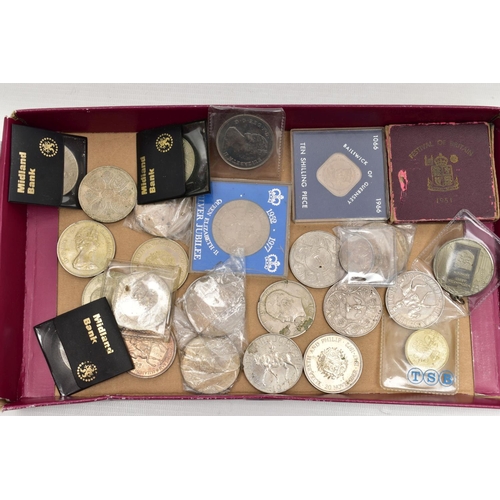 172 - A BOX LID OF COINS AND COMMEMORATIVES, to include a Medal with images of Westminster Abbey, a 1951 F... 