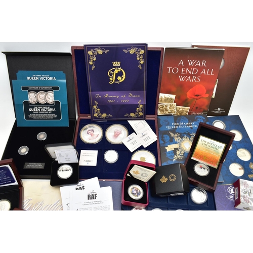 175 - A BOX OF COINS AND COMMEMORATIVES TO INCLUDE, 9x  HISTORY of the RAF SILVER PROOF Coins all with his... 