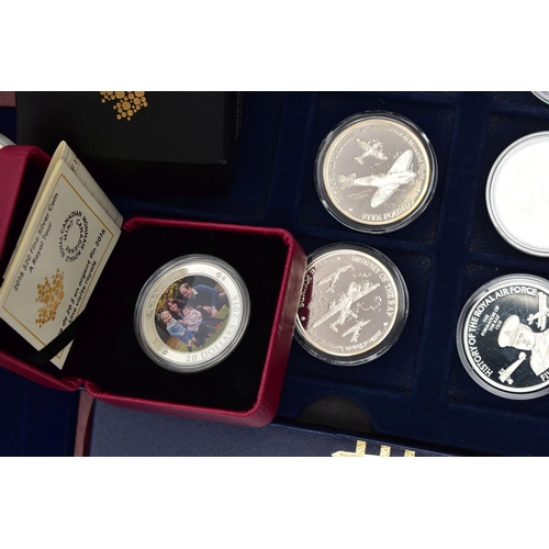 175 - A BOX OF COINS AND COMMEMORATIVES TO INCLUDE, 9x  HISTORY of the RAF SILVER PROOF Coins all with his... 