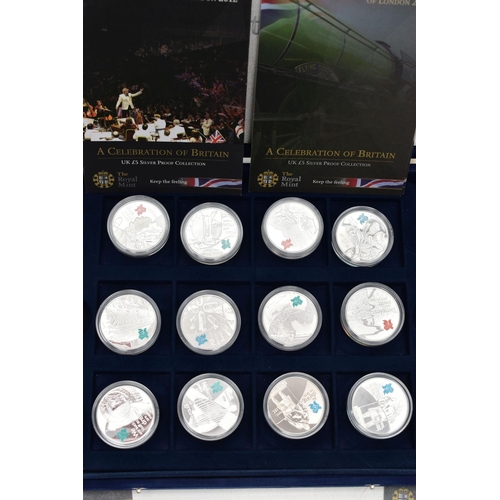 176 - AN OFFICIAL ROYAL MINT UK £5 SILVER PROOF COLLECTION OF 12X LONDON 2012 CROWN SIZE COINS ALL WITH In... 