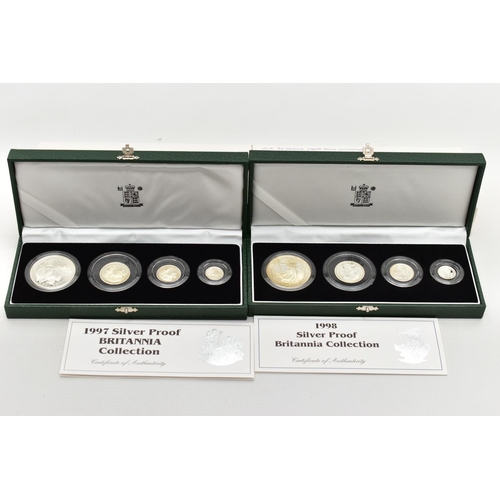 18 - A  ROYAL MINT BRITANNIA 1997 AND 1998 SILVER PROOF COLLECTIONS OF COINS, £2, £1, 50P, and 20p silver... 