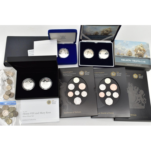 21 - A SMALL AMOUNT OF ROYAL MINT  SILVER PROOF AND BU COINS, to include Henry VIII and Mary Rose silver ... 