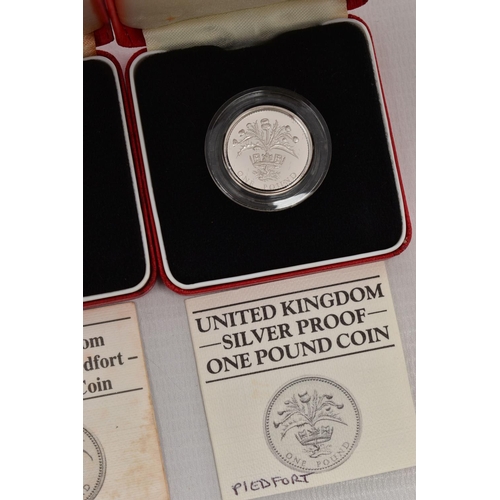 22 - ROYAL MINT BOXED SILVER PROOF PIEDFORT ONE POUND COINS 1984,1985,1986 all in Royal Mint cases with c... 