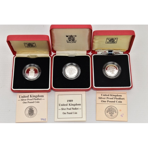 23 - ROYAL MINT PIEDFORT SILVER PROOF ONE POUND BOXED COINS, 1987, 1988, 1989, all contain certificates o... 