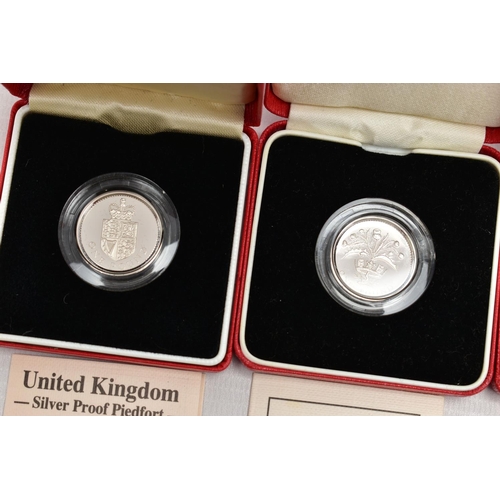 23 - ROYAL MINT PIEDFORT SILVER PROOF ONE POUND BOXED COINS, 1987, 1988, 1989, all contain certificates o... 