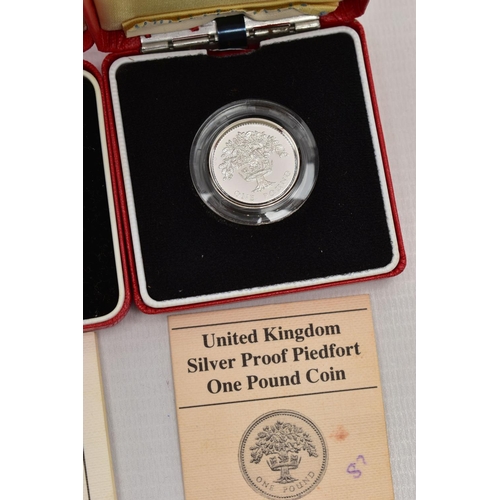 23 - ROYAL MINT PIEDFORT SILVER PROOF ONE POUND BOXED COINS, 1987, 1988, 1989, all contain certificates o... 