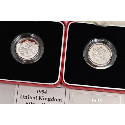 24 - SILVER PIEDFORT PROOF ROYAL MINT ONE POUND COINS 1993, 1994, 1995, all with cetificates