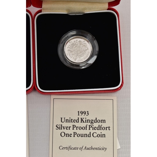 24 - SILVER PIEDFORT PROOF ROYAL MINT ONE POUND COINS 1993, 1994, 1995, all with cetificates