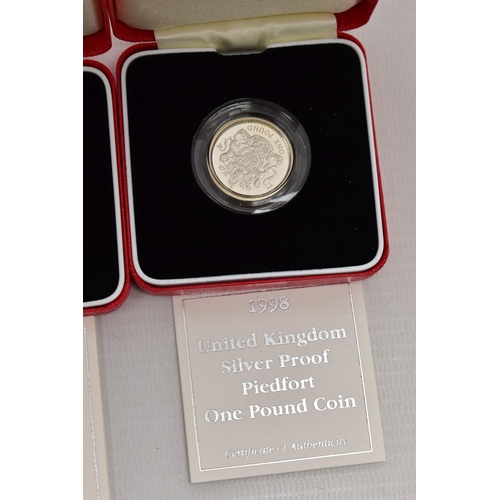 25 - SILVER PIEDFORT PROOF ROYAL MINT ONE POUND COINS 1996, 1997, 1998, all boxed with cetificates