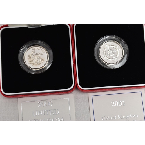 26 - SILVER PIEDFORT PROOF ROYAL MINT ONE POUND COINS, 2000, 2001, 2002 boxed with cetificates