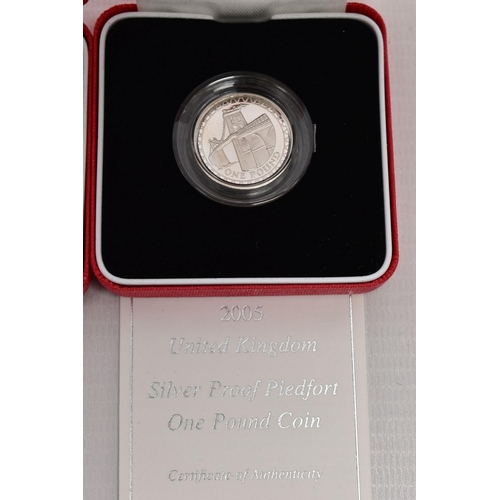 27 - ROYAL MINT SILVER PIEDFORT PROOF ONE POUND COINS, 1999,2003,2005 all boxed with certificates