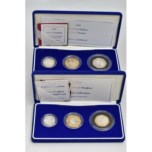 33 - A ROYAL MINT 2003 AND 2004 UK SILVER PROOF PIEDFORT 3 COINS COLLECTION, each case includes Two Pound... 