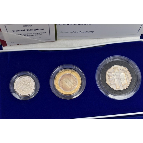 33 - A ROYAL MINT 2003 AND 2004 UK SILVER PROOF PIEDFORT 3 COINS COLLECTION, each case includes Two Pound... 