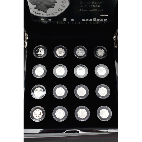 36 - THE UK 50P SILVER PROOF COLLECTION OF 16 SILVER PROOF FIFTY PENCE COINS, all dated 2009 struck to ce... 