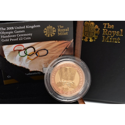 37 - A ROYAL MINT GOLD PROOF 2008 HANDOVER TO BEIJING OLYMPIC GAMES TWO POUND COIN, .9177 red and Yellow ... 