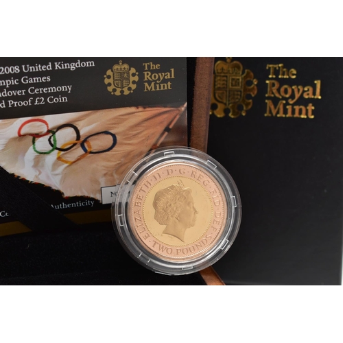 37 - A ROYAL MINT GOLD PROOF 2008 HANDOVER TO BEIJING OLYMPIC GAMES TWO POUND COIN, .9177 red and Yellow ... 