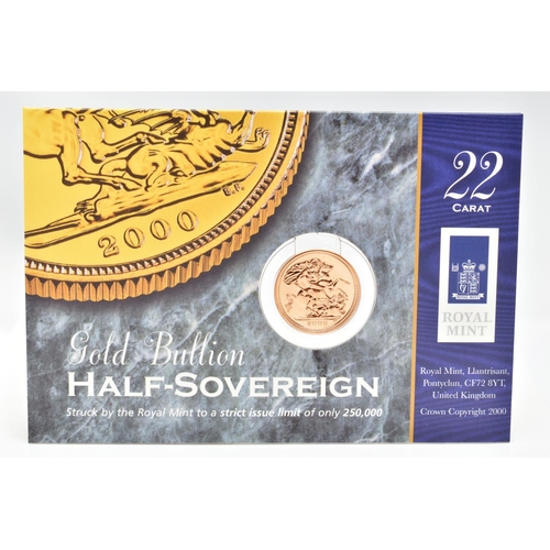 43 - A ROYAL MINT CARDED 2000 GOLD BULLION HALF SOVEREIGN COIN, 19.3mm, 3.99 grams, issue limit 250,000