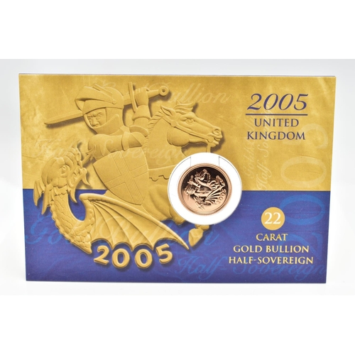 44 - A ROYAL MINT CARDED 2005 GOLD BULLION HALF SOVEREIGN COIN, 19.3mm, 3.99 grams, issue limit 75,000, f... 