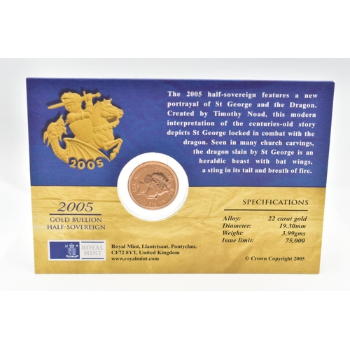 44 - A ROYAL MINT CARDED 2005 GOLD BULLION HALF SOVEREIGN COIN, 19.3mm, 3.99 grams, issue limit 75,000, f... 