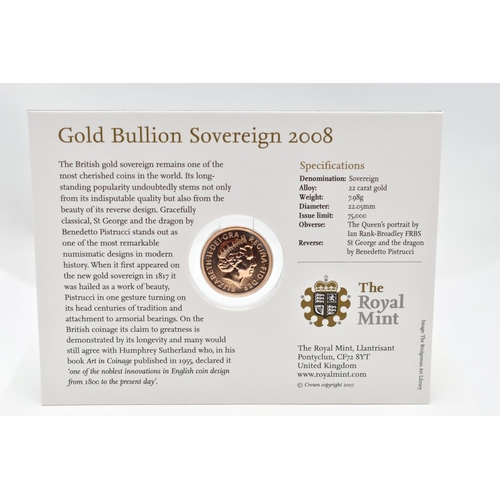 46 - A ROYAL MINT CARDED 2008 GOLD BULLION SOVEREIGN COIN, 7.98 grams, 22.05mm, issue limit 75,000, obver... 