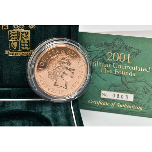 47 - A ROYAL MINT UNITED KINDOM 2001 BRILLIANT UNCIRCULATED GOLD FIVE POUND COIN, 22 carat gold, 39.94 gr... 