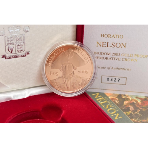 61 - A ROYAL MINT 2005 GOLD PROOF 'HORATIO NELSON' COMMEMORATIVE CROWN COIN, five pound coin, 22ct gold, ... 