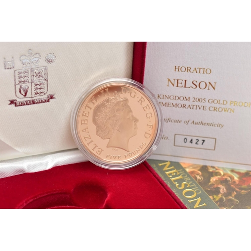 61 - A ROYAL MINT 2005 GOLD PROOF 'HORATIO NELSON' COMMEMORATIVE CROWN COIN, five pound coin, 22ct gold, ... 