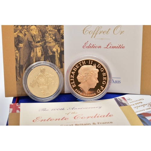 77 - A ROYAL MINT 'THE 100TH ANNIVERSARY OF THE ENTENTE CORDIALE TWO COIN SET',  containing a 22ct gold, ... 