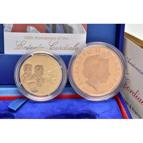 77 - A ROYAL MINT 'THE 100TH ANNIVERSARY OF THE ENTENTE CORDIALE TWO COIN SET',  containing a 22ct gold, ... 