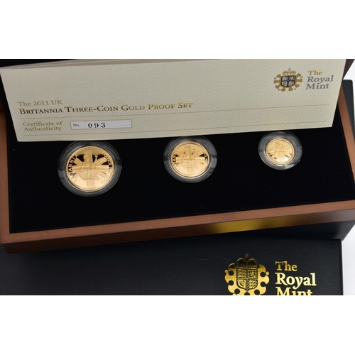 78 - A ROYAL MINT 2011 BRITANNIA THREE COIN GOLD PROOF SET,  comprising of a £50, 0.167 AU, 17.02 gram, 2... 