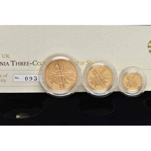 78 - A ROYAL MINT 2011 BRITANNIA THREE COIN GOLD PROOF SET,  comprising of a £50, 0.167 AU, 17.02 gram, 2... 