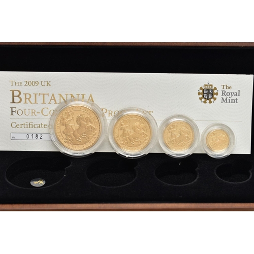 79 - A ROYAL MINT 2009 BRITANNIA FOUR COIN GOLD PROOF SET, containing denominations of £100 1oz, £50 1/2o... 