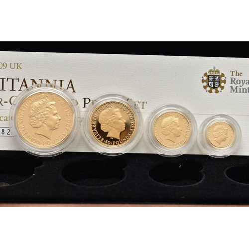 79 - A ROYAL MINT 2009 BRITANNIA FOUR COIN GOLD PROOF SET, containing denominations of £100 1oz, £50 1/2o... 