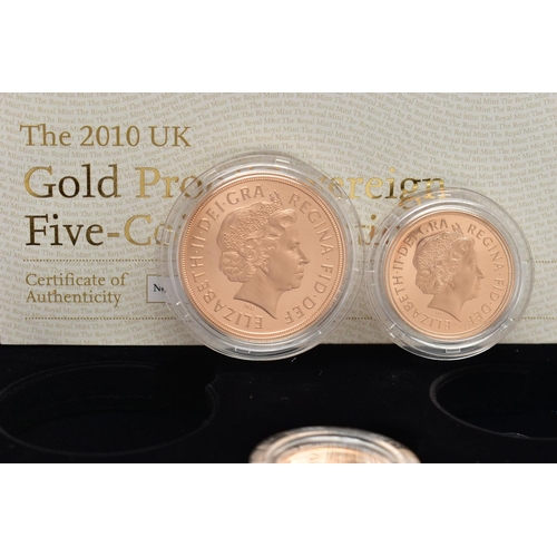 80 - A ROYAL MINT 2010 GOLD PROOF SOVEREIGN FIVE COIN COLLECTION, containing denominations £5, Double Sov... 