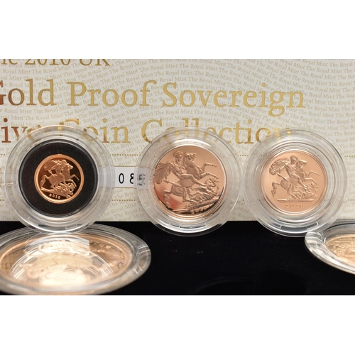 80 - A ROYAL MINT 2010 GOLD PROOF SOVEREIGN FIVE COIN COLLECTION, containing denominations £5, Double Sov... 