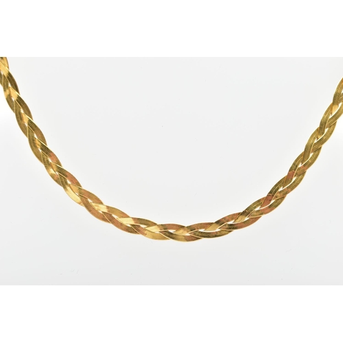 85 - A 9CT GOLD CHAIN NECKLACE, designed as a three strand herringbone plaited chain, detailed with a lin... 