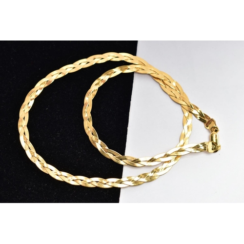 85 - A 9CT GOLD CHAIN NECKLACE, designed as a three strand herringbone plaited chain, detailed with a lin... 