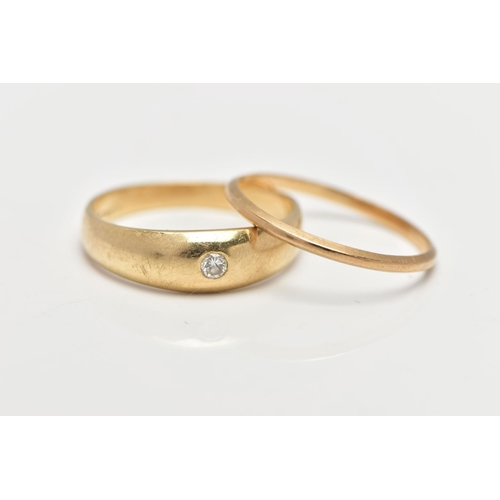 86 - TWO 9CT GOLD RINGS, the first a single stone diamond ring, set in a yellow gold domed band mount, ap... 