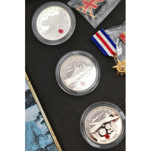 9 - THE 60th ANNIVERSARY D-DAY LANDINGS SET, to include a collection of three silver proof £5 Crowns of ... 