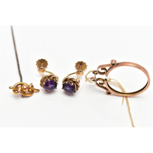 92 - ASSORTED YELLOW METAL JEWELLERY, to include a pair of amethyst earrings prong set in yellow metal wi... 