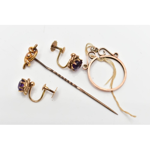 92 - ASSORTED YELLOW METAL JEWELLERY, to include a pair of amethyst earrings prong set in yellow metal wi... 