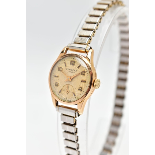 93 - AN 18CT GOLD WRISTWATCH, a hand wound movement, round dial signed 'Verbena' 17 jewels, Arabic numera... 