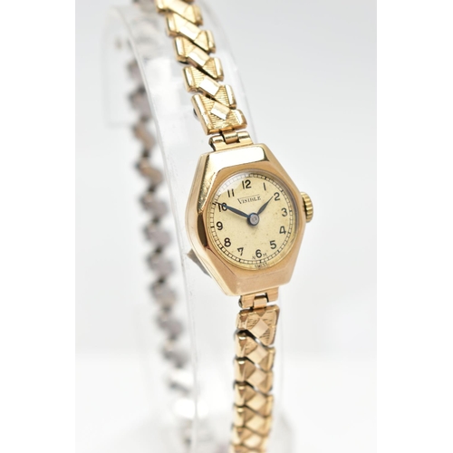 94 - A 9CT GOLD WRISTWATCH, hand wond movement, round dial signed 'Visible', Arabic numerals, polished ye... 