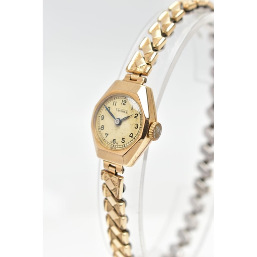 94 - A 9CT GOLD WRISTWATCH, hand wond movement, round dial signed 'Visible', Arabic numerals, polished ye... 