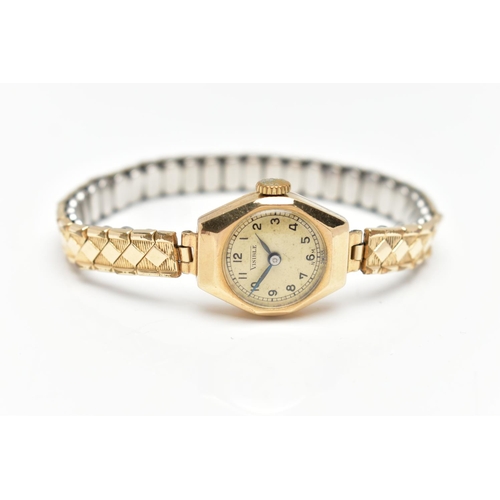 94 - A 9CT GOLD WRISTWATCH, hand wond movement, round dial signed 'Visible', Arabic numerals, polished ye... 