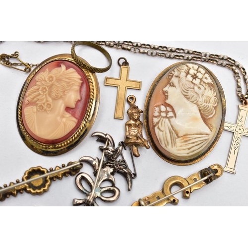 96 - AN ASSORTMENT OF EARLY TO MID 20TH CENTURY JEWELLERY, to include a gold fronted cross pendant engrav... 