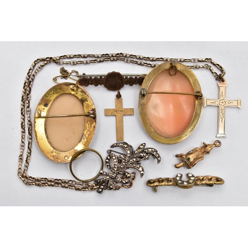 96 - AN ASSORTMENT OF EARLY TO MID 20TH CENTURY JEWELLERY, to include a gold fronted cross pendant engrav... 