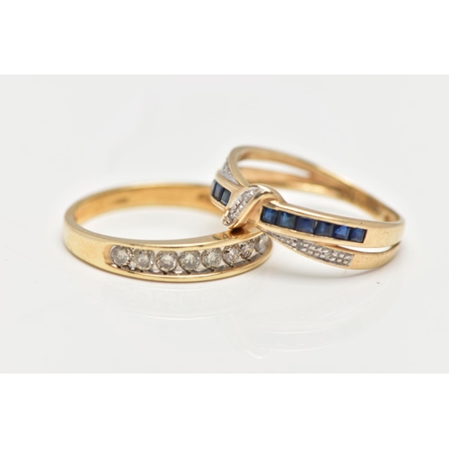 98 - TWO 9CT YELLOW GOLD DIAMOND AND GEMSET RINGS, to include a diamond half eternity ring, set with elev... 