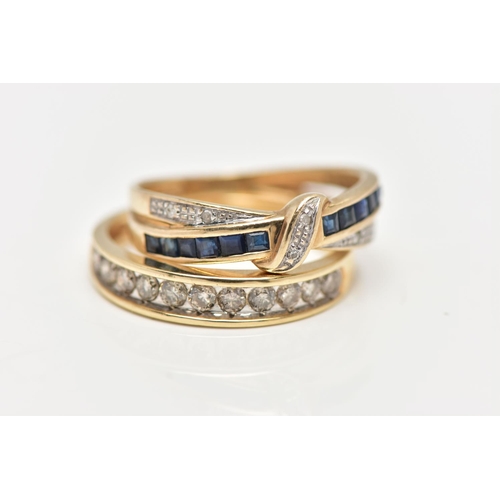 98 - TWO 9CT YELLOW GOLD DIAMOND AND GEMSET RINGS, to include a diamond half eternity ring, set with elev... 